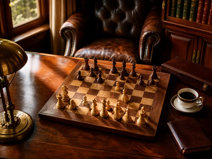 A chess game in progress on a wooden desk in a study