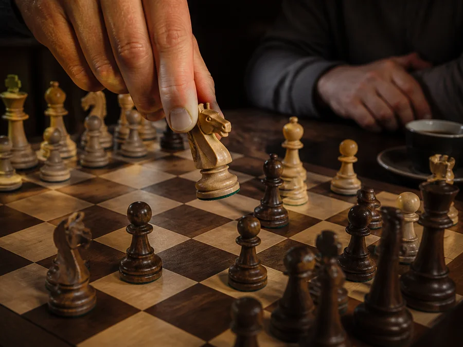 A player moving a knight on a wooden chessboard