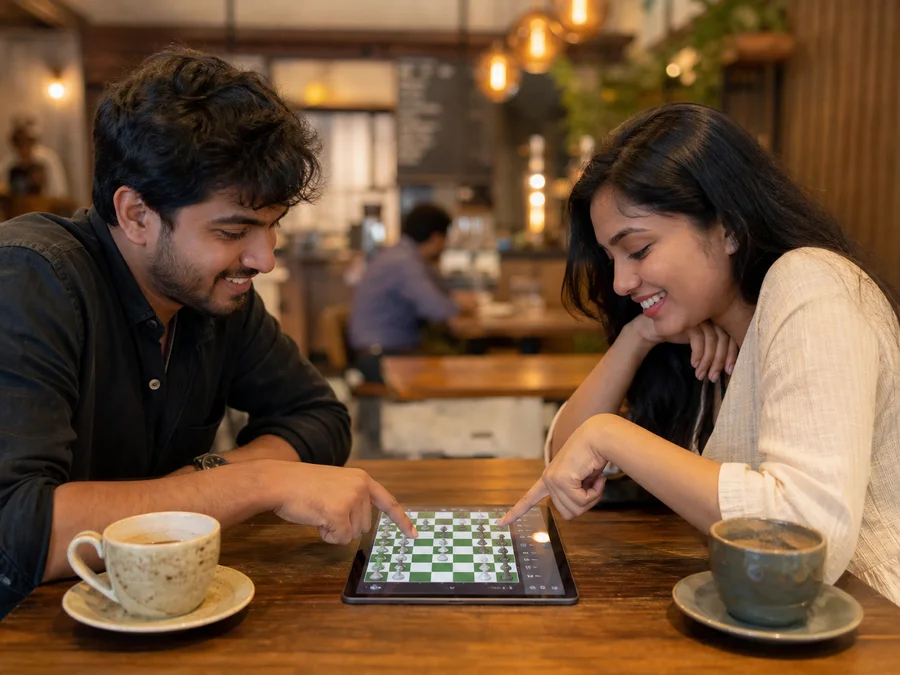 Two chess players sharing a tablet across a coffee table