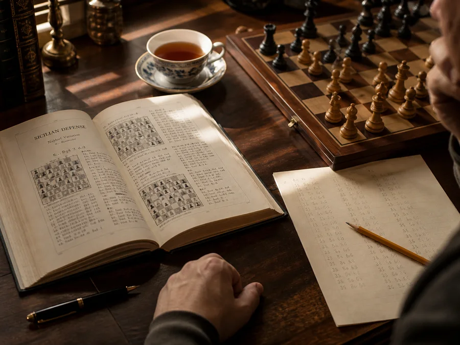 A chessboard, scoresheet, and handwritten variation notes