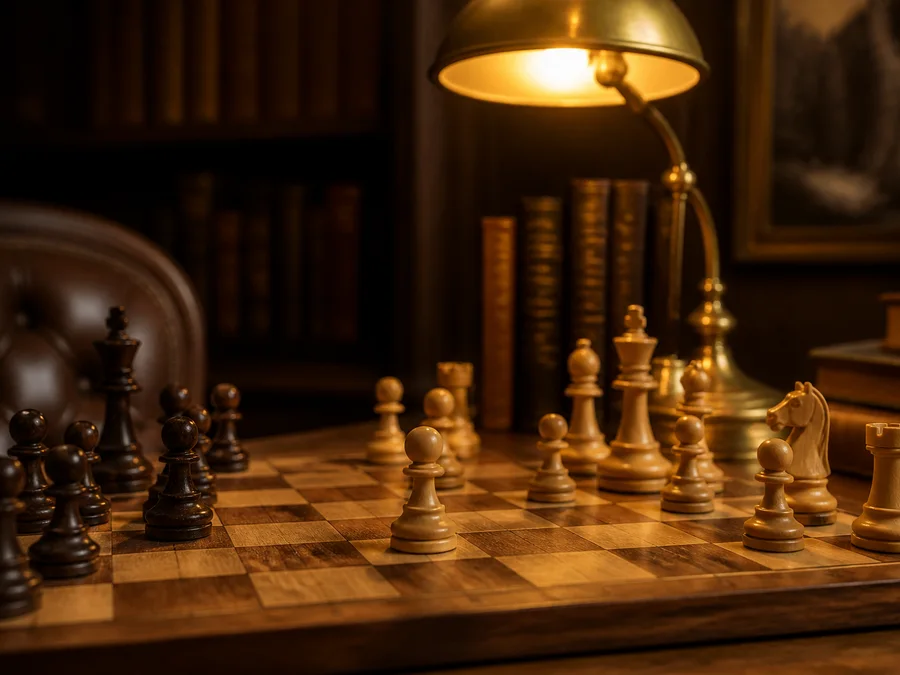 A wooden chessboard in the middlegame under a desk lamp