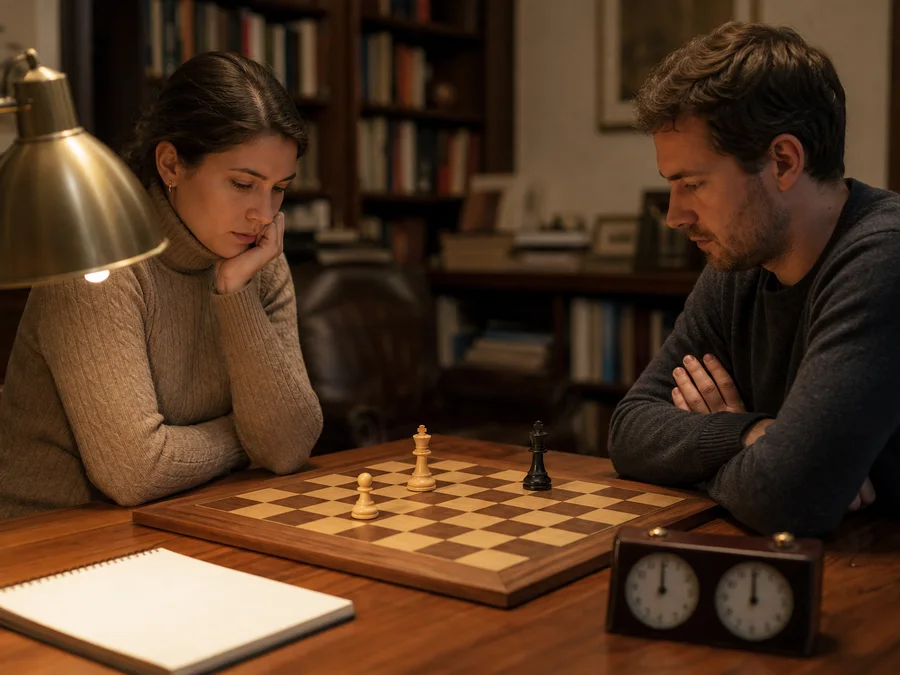 Two players study a king-and-pawn ending and its drawing chances