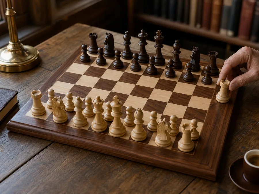 A standard chessboard with all pieces in their starting positions