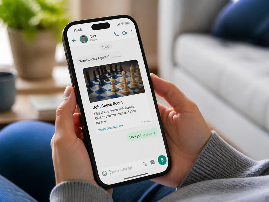 A chess player sharing an online room link from a phone