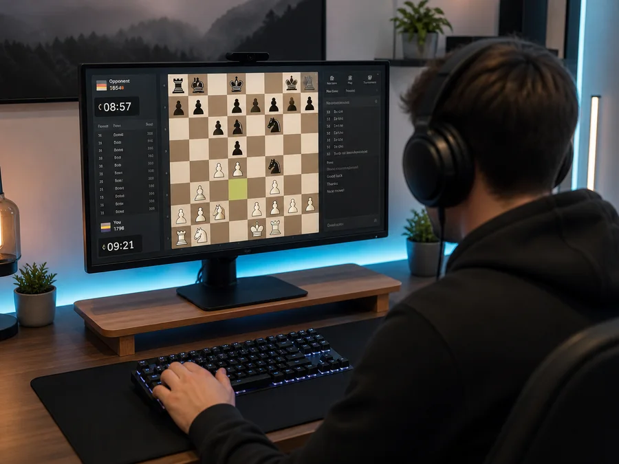 Two players in different places playing a synchronized online chess game