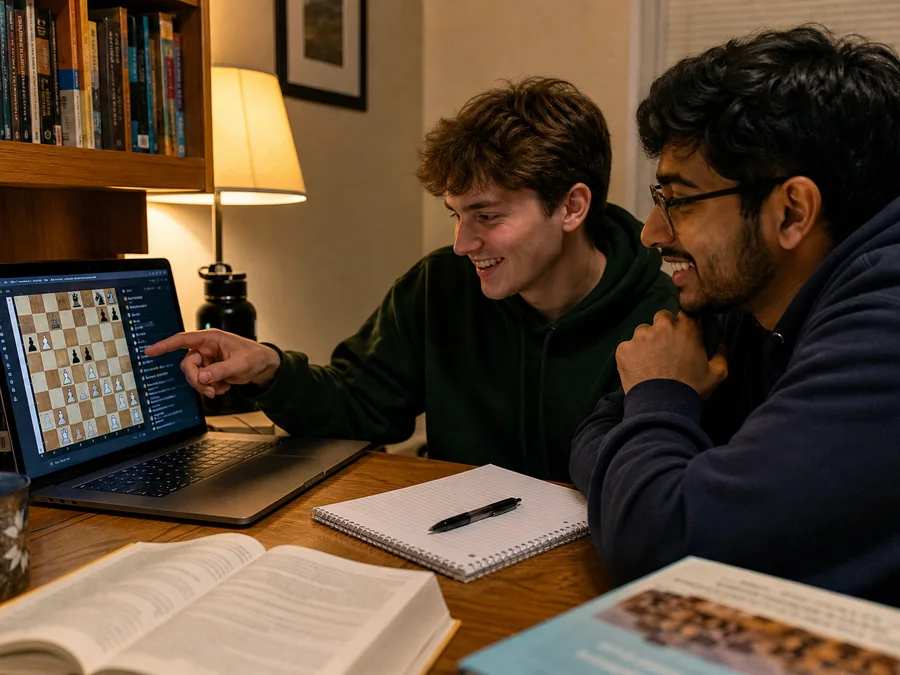 Two chess players discussing a position on a shared laptop