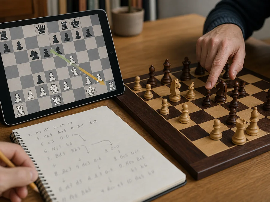 A tablet chessboard displays a suggested move beside analysis notes