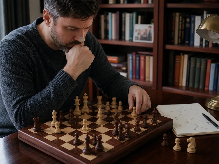 Chess players compare candidate moves at a wooden table