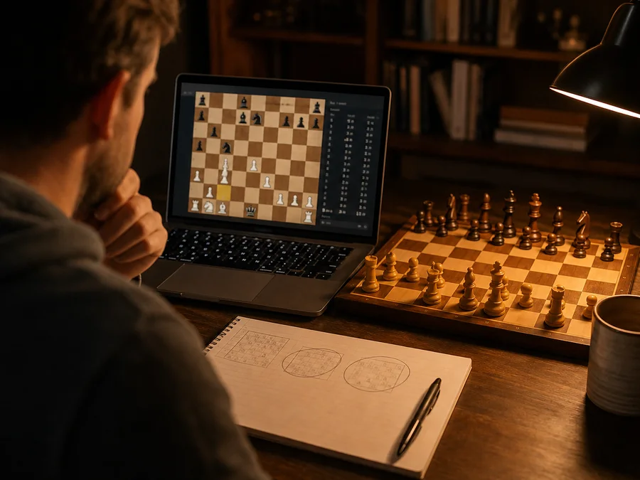 A player compares a chess replay with handwritten review notes